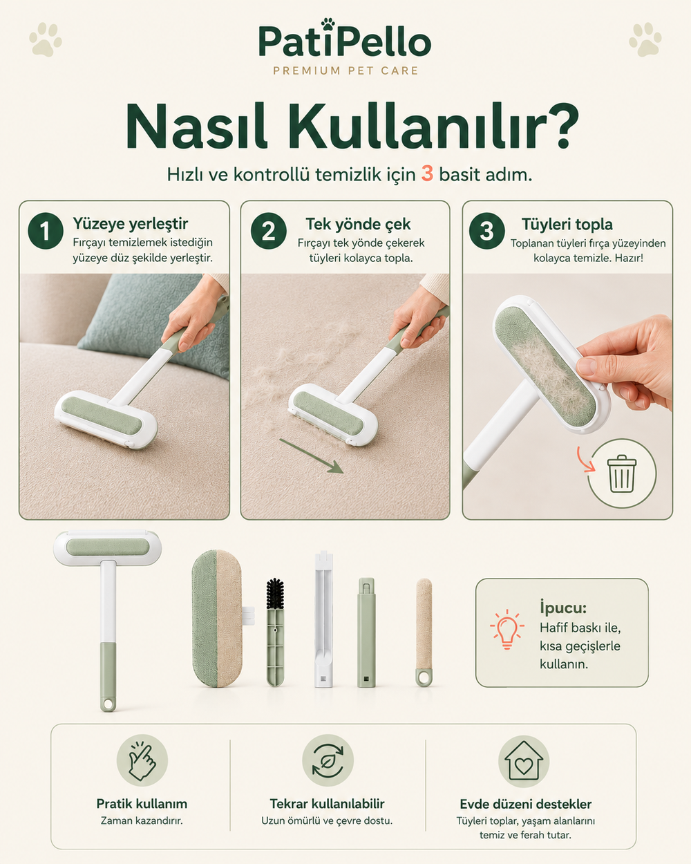 PatiPello 4ü 1 Arada Tüy Temizleme Fırçası
