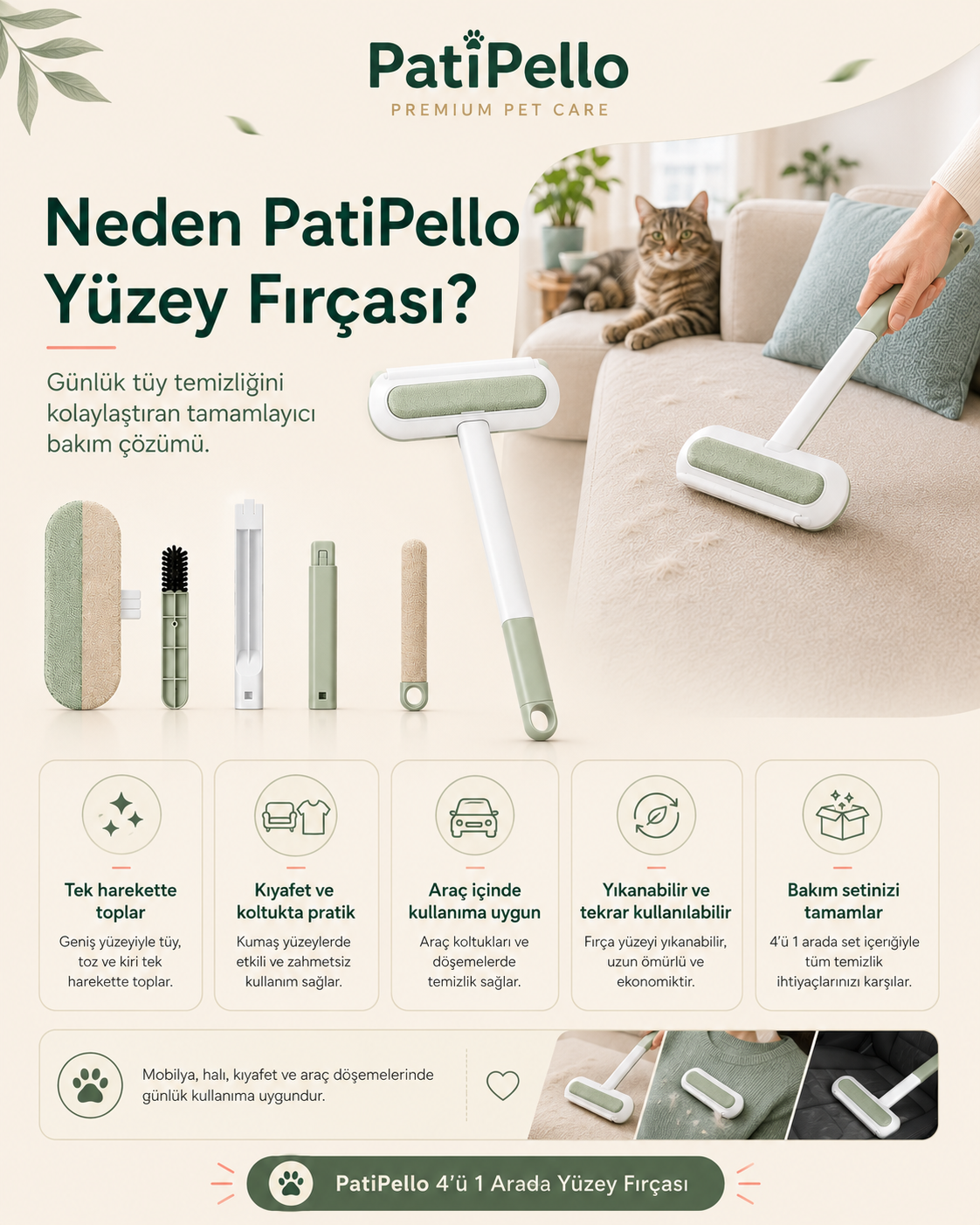 PatiPello 4ü 1 Arada Tüy Temizleme Fırçası